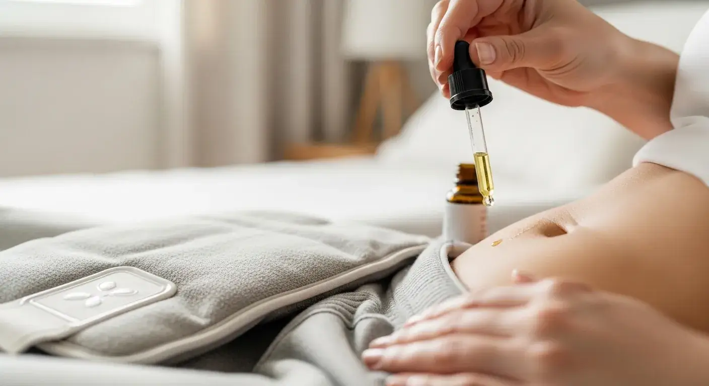 Clary Sage Cramp Relief Clary sage oil dropper near abdomen relief setting