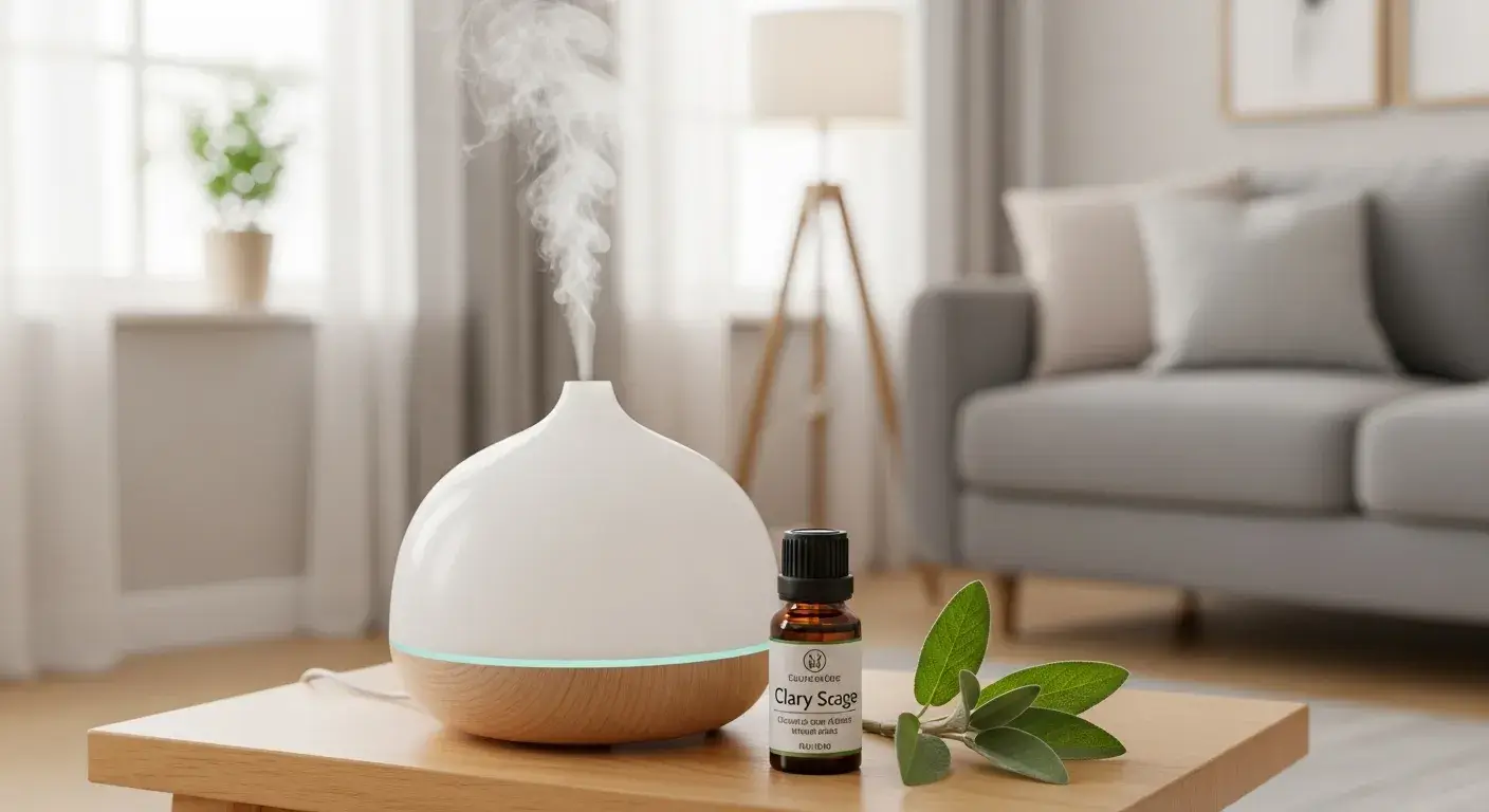 Clary Sage Relaxation Diffuser with clary sage oil by a calm corner