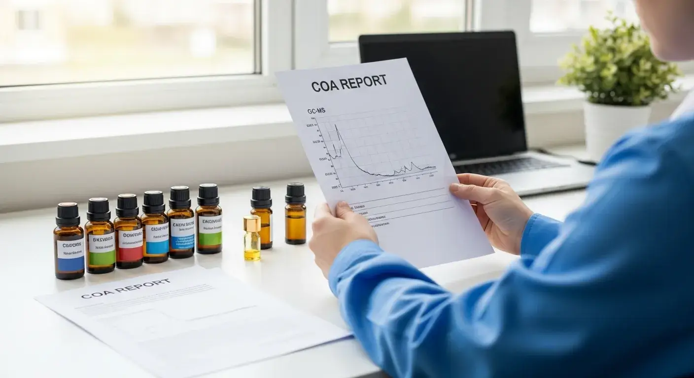 Reviewing quality certificates Technician reviewing Certificates of Analysis and GC‑MS report documents