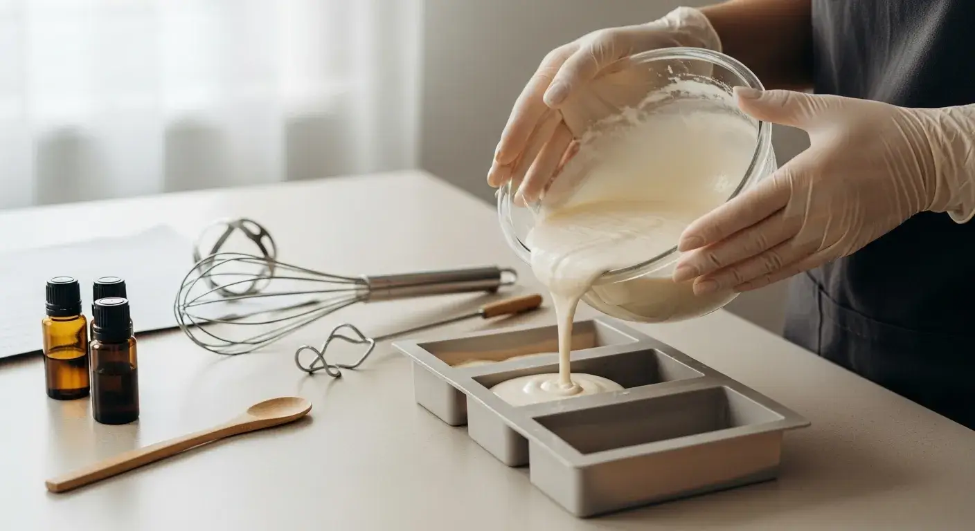 Pouring soap into silicone mold