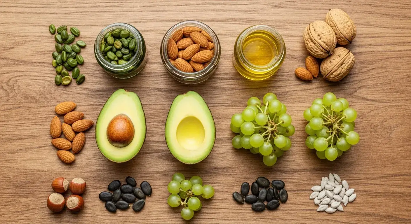 Flat lay of various carrier oils with nuts