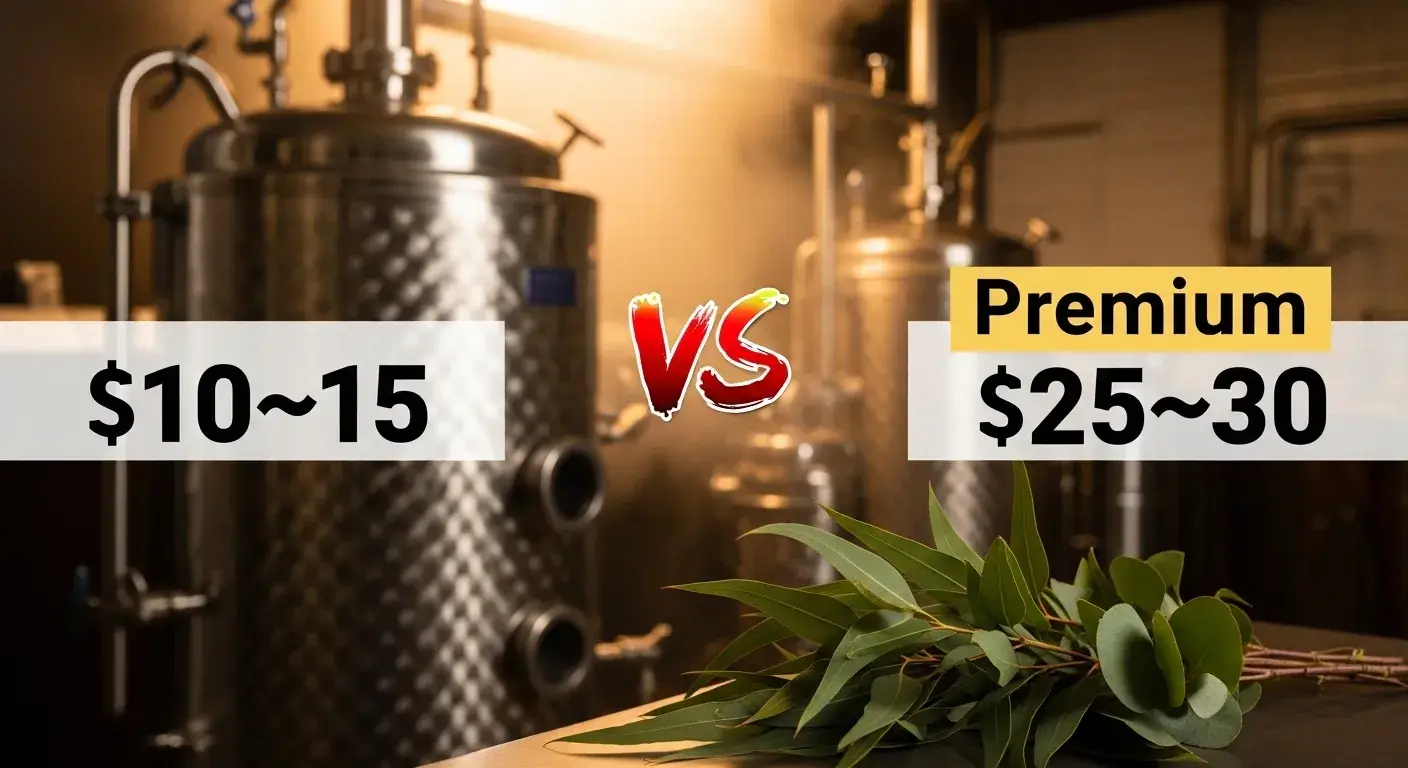 Distillation setup alongside eucalyptus leaves and price comparison tags