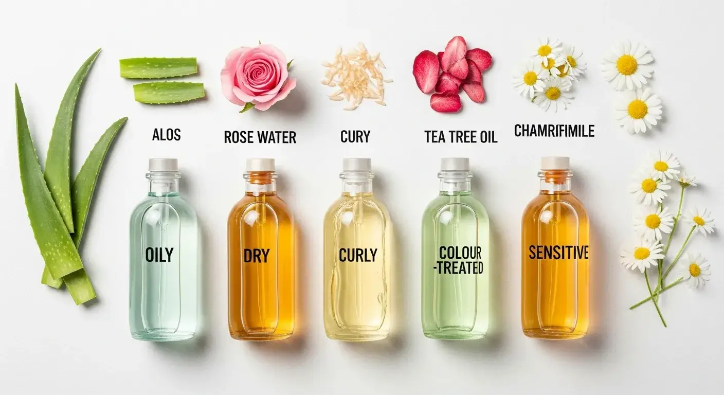 Shampoo by hair type Labeled natural shampoo bottles for different hair types