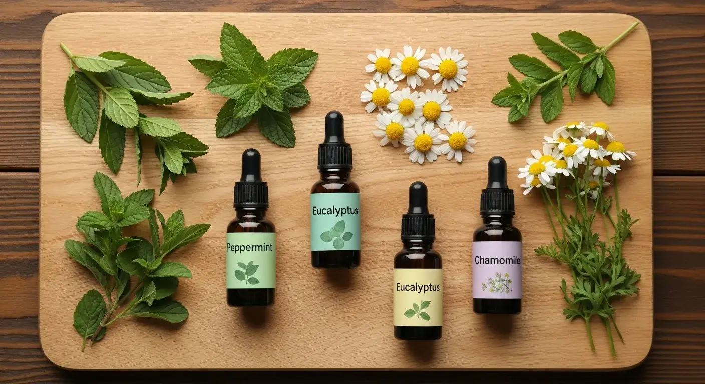 Essential oil blend bottles with fresh botanicals