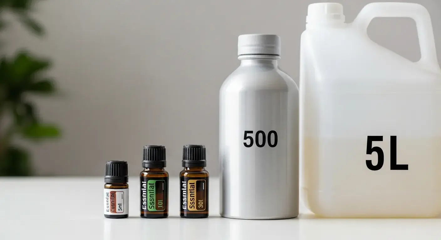Small retail bottles beside bulk containers