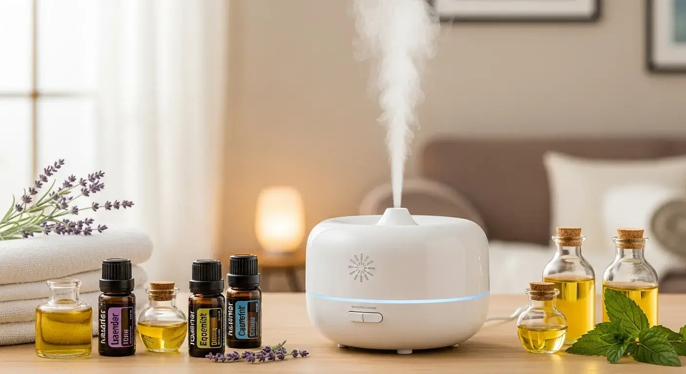 Diffuser mist and oils Diffuser releasing mist with essential oil bottle and carrier oils beside
