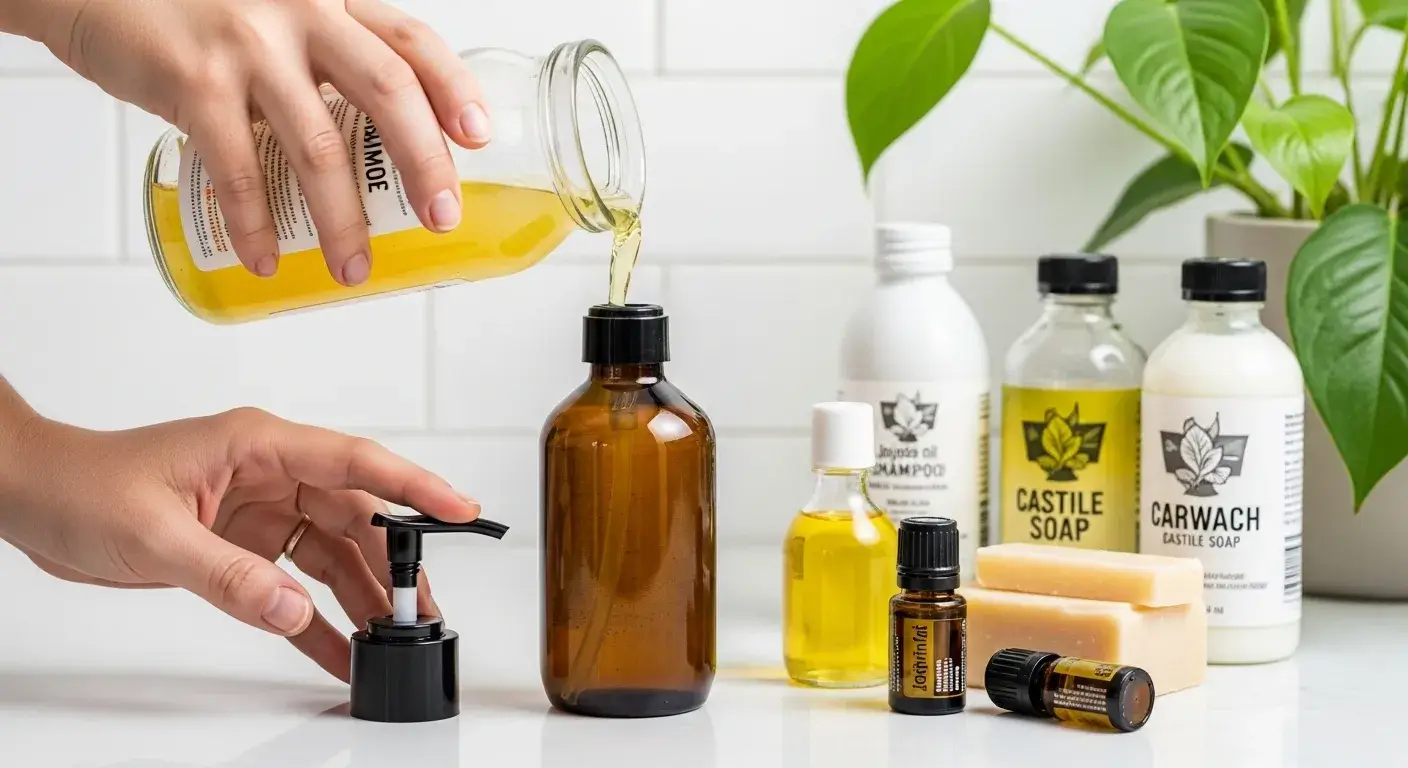 Simple shampoo recipe Natural shampoo being poured into pump bottle