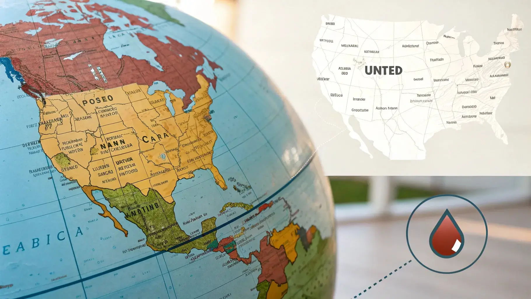 Comparison of globe and U.S. map with oil drop icons