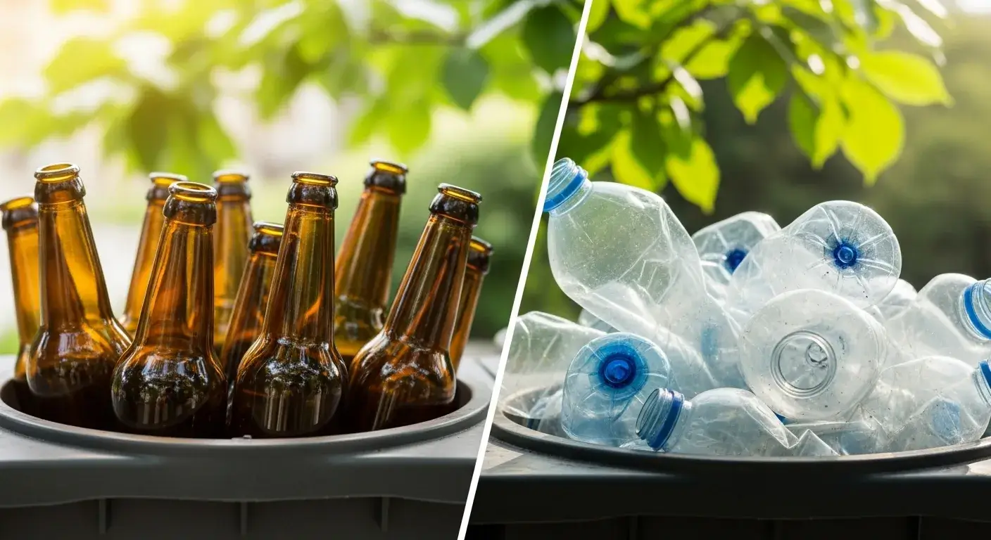 Recyclable glass bottles beside plastic waste