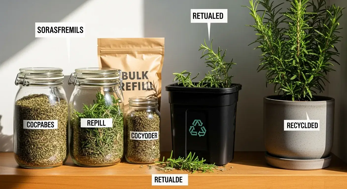 Sustainable herb infusion tips Glass jars, bulk herbs, and compost bin