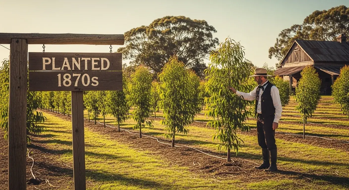 Illustrated reenactment of Ellwood Cooper’s eucalyptus farm