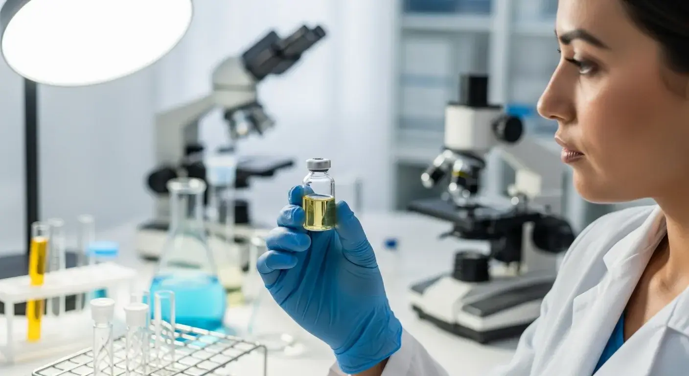 Lab researcher measuring evening primrose oil vial