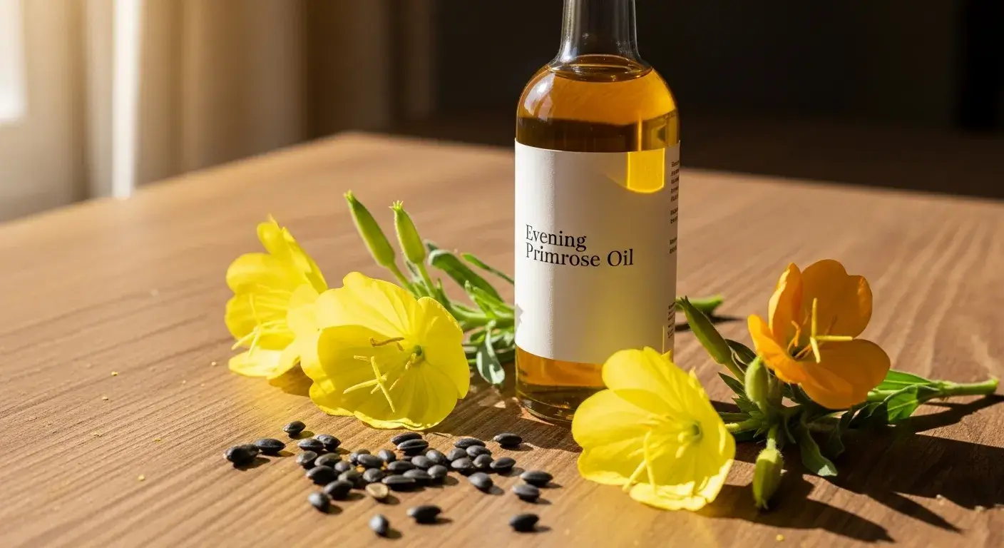 EPO differentiates from other oils Evening primrose flowers and seeds with oil bottle