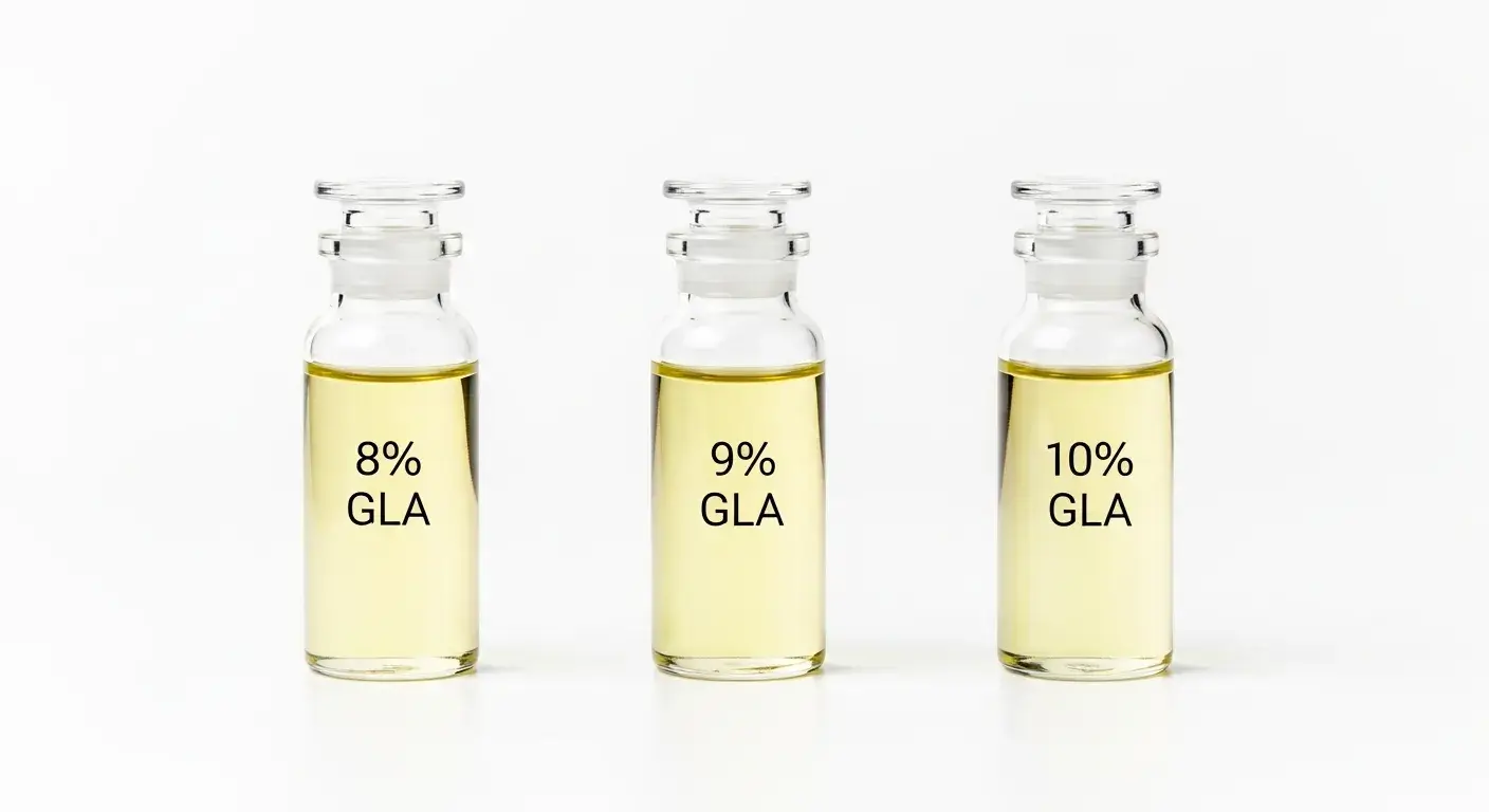 GLA content comparison Three small vials labeled 8%, 9%, 10% GLA evening primrose oil