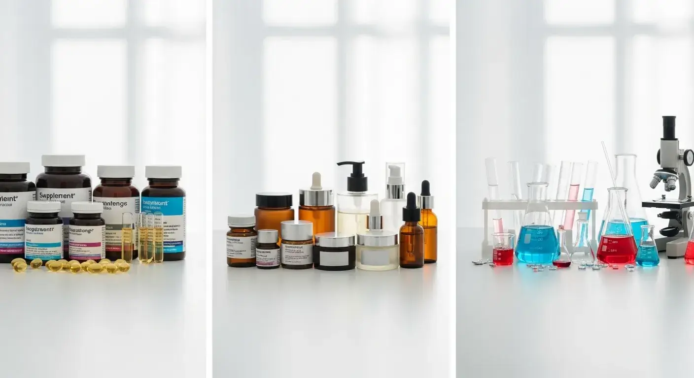 Oil bottles, capsules, cosmetic and lab tools