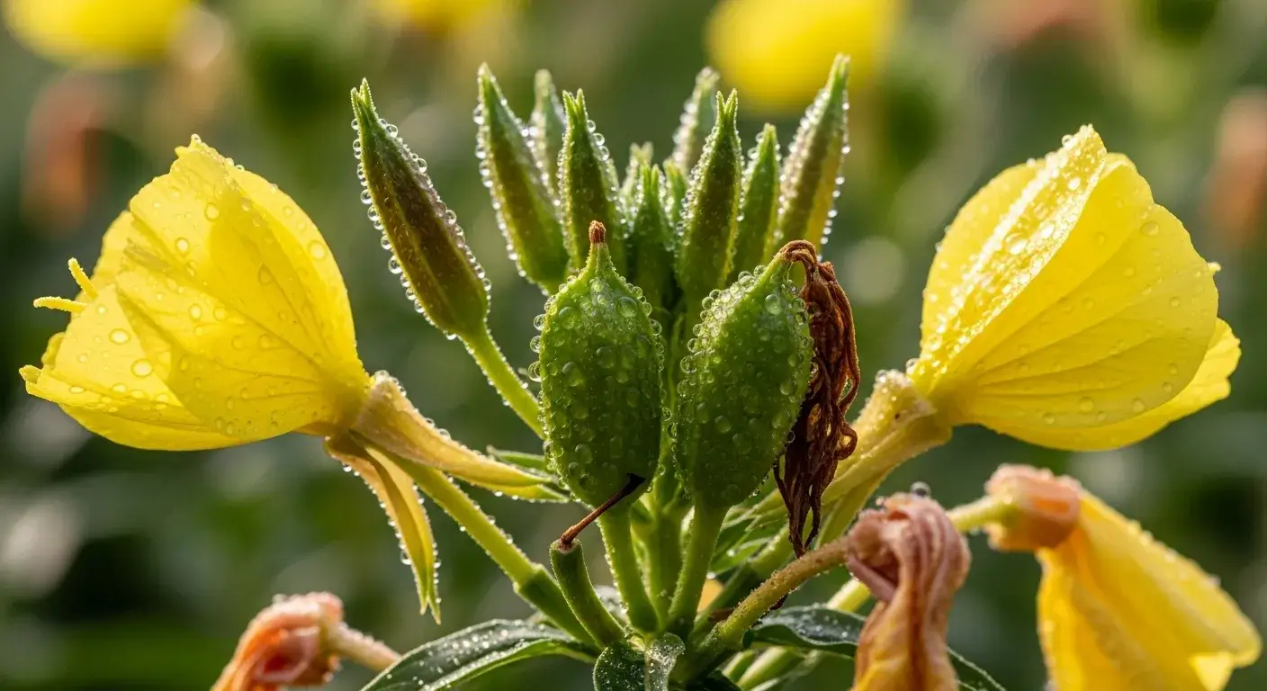 Evening primrose plant and seeds close‑up