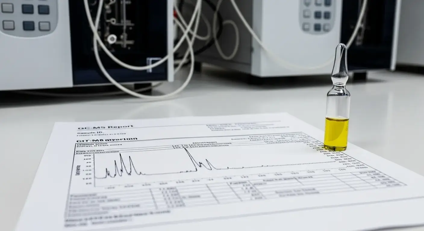 GC‑MS chromatogram printout beside oil sample