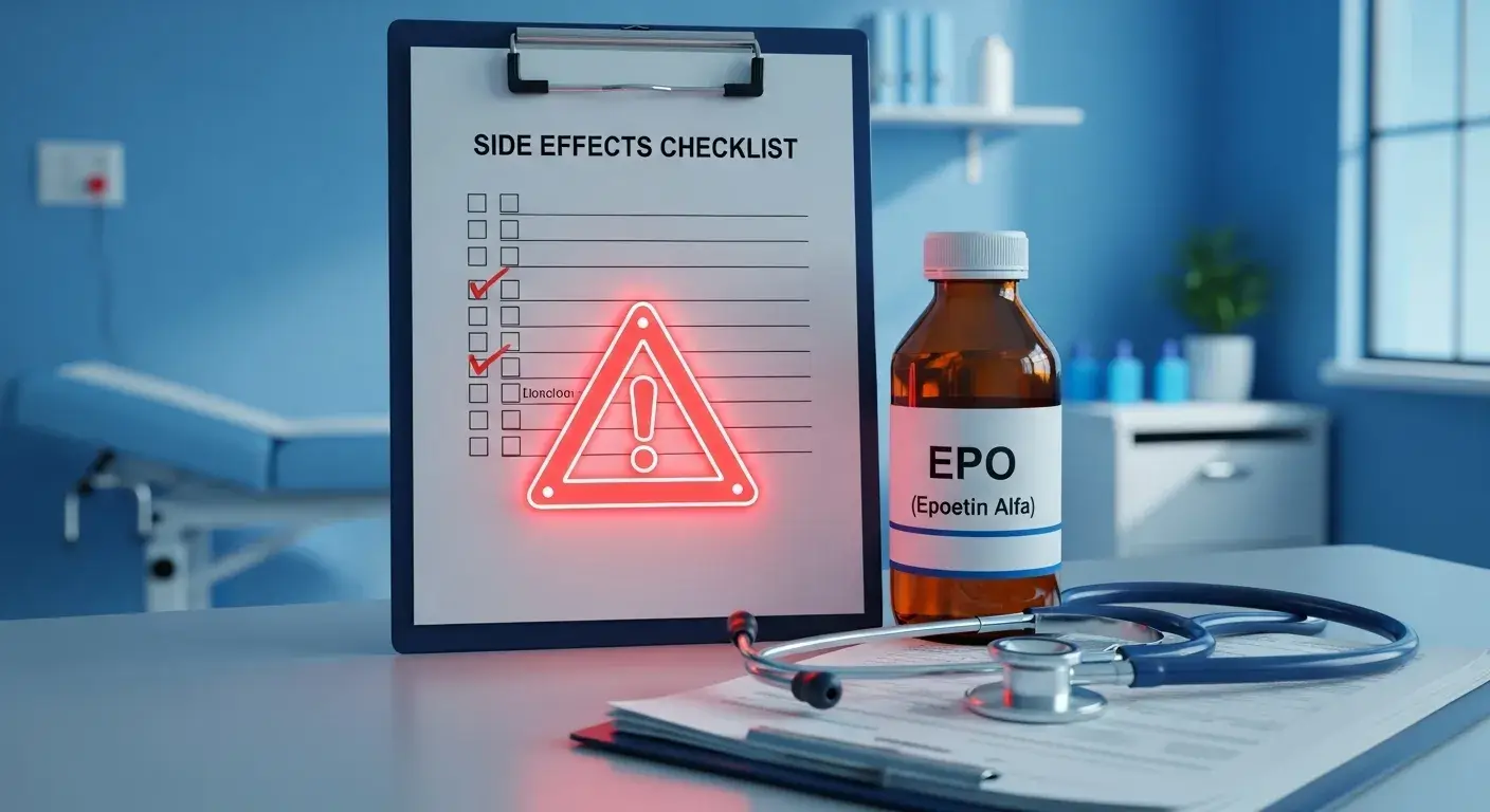 Warning labels and EPO bottle on clipboard