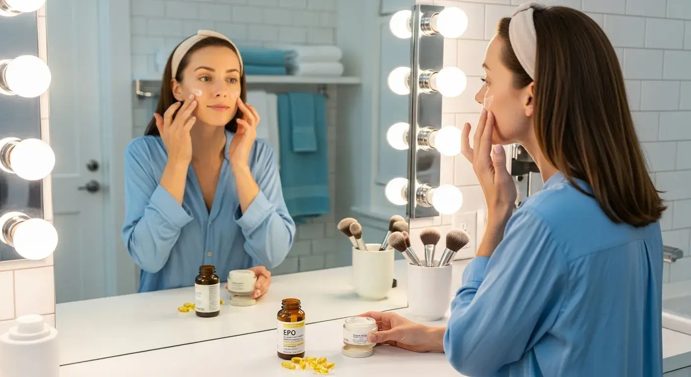 Woman applying cream near EPO bottle