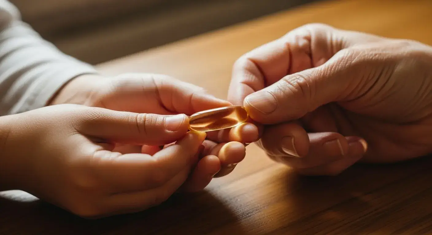 Age-specific safety Child hand and older adult hand holding capsule