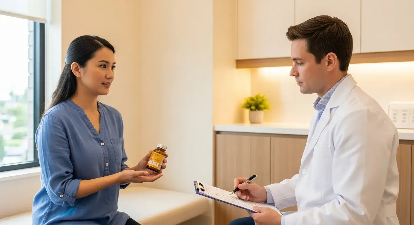 Discussing EPO with doctor Patient talking with doctor and holding supplement bottle