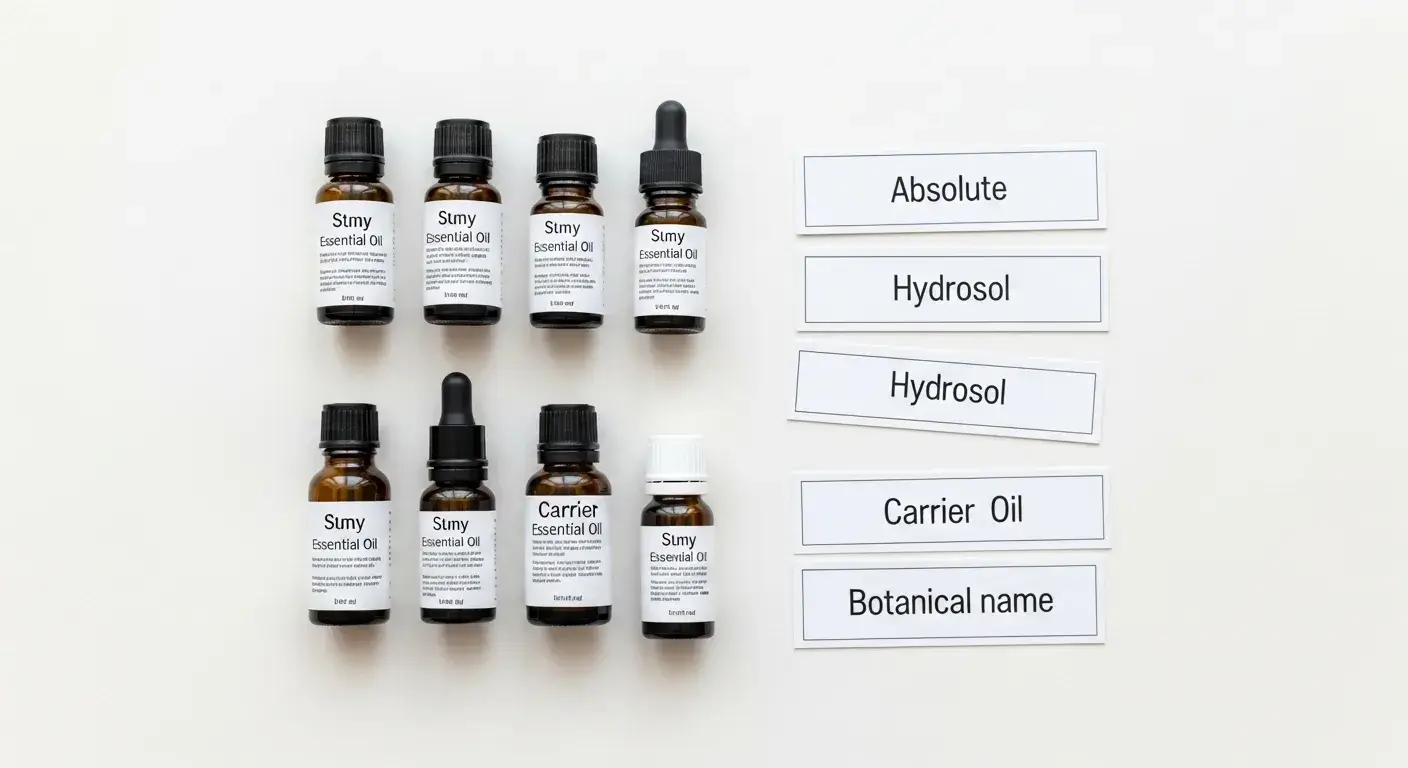 Labeled essential oil containers with glossary terms