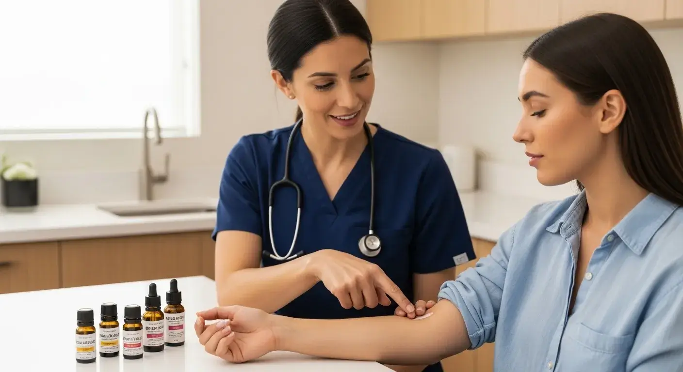 Patch test consultation Healthcare professional consulting client about safety and patch test