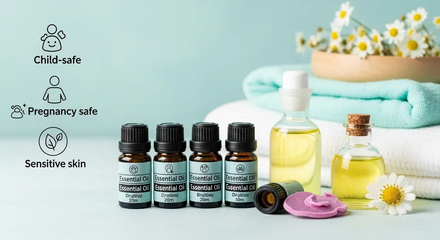 Essential oil bottles with child and pregnancy safety labels