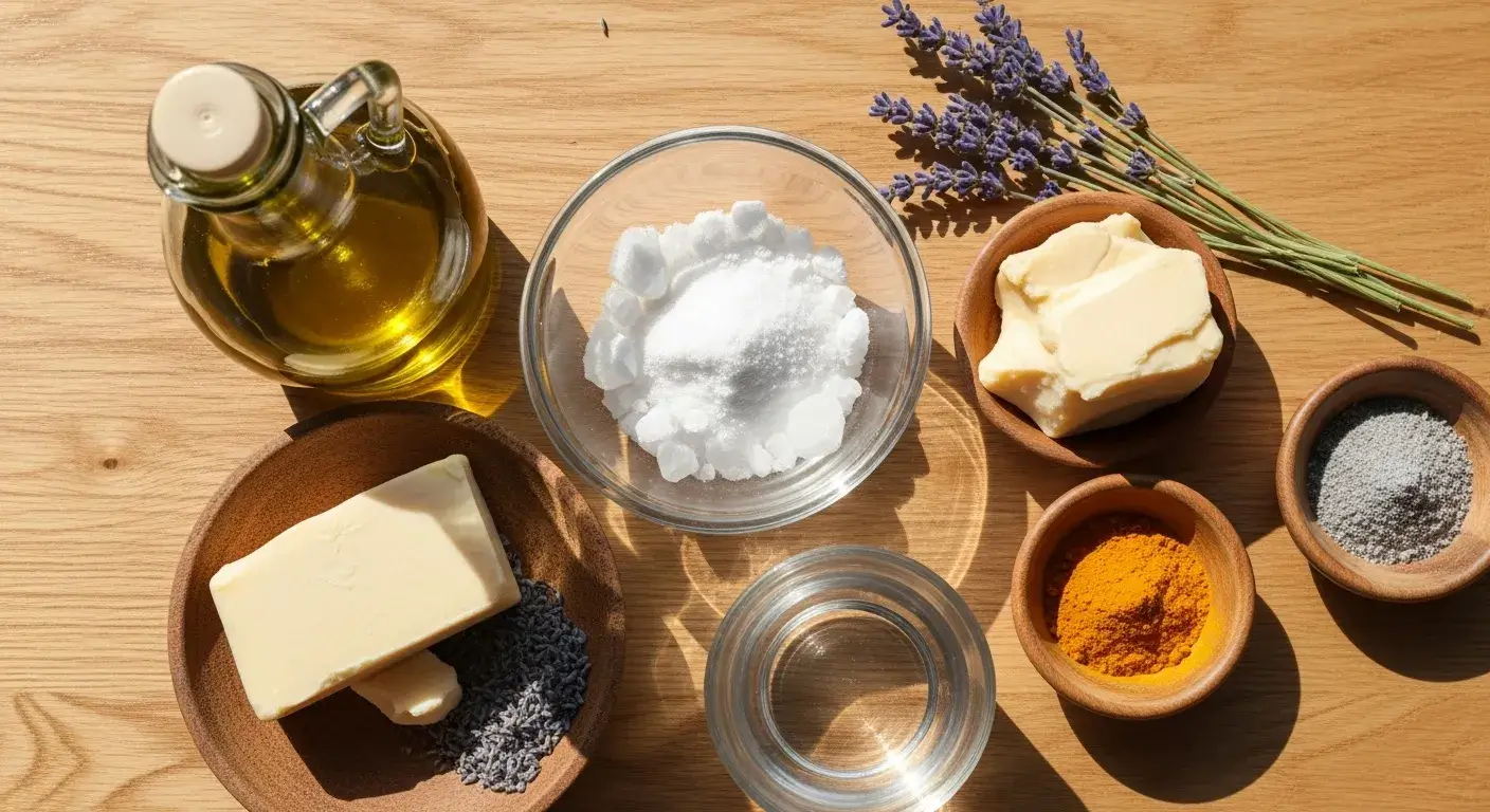 Flat lay of soap ingredients on wood