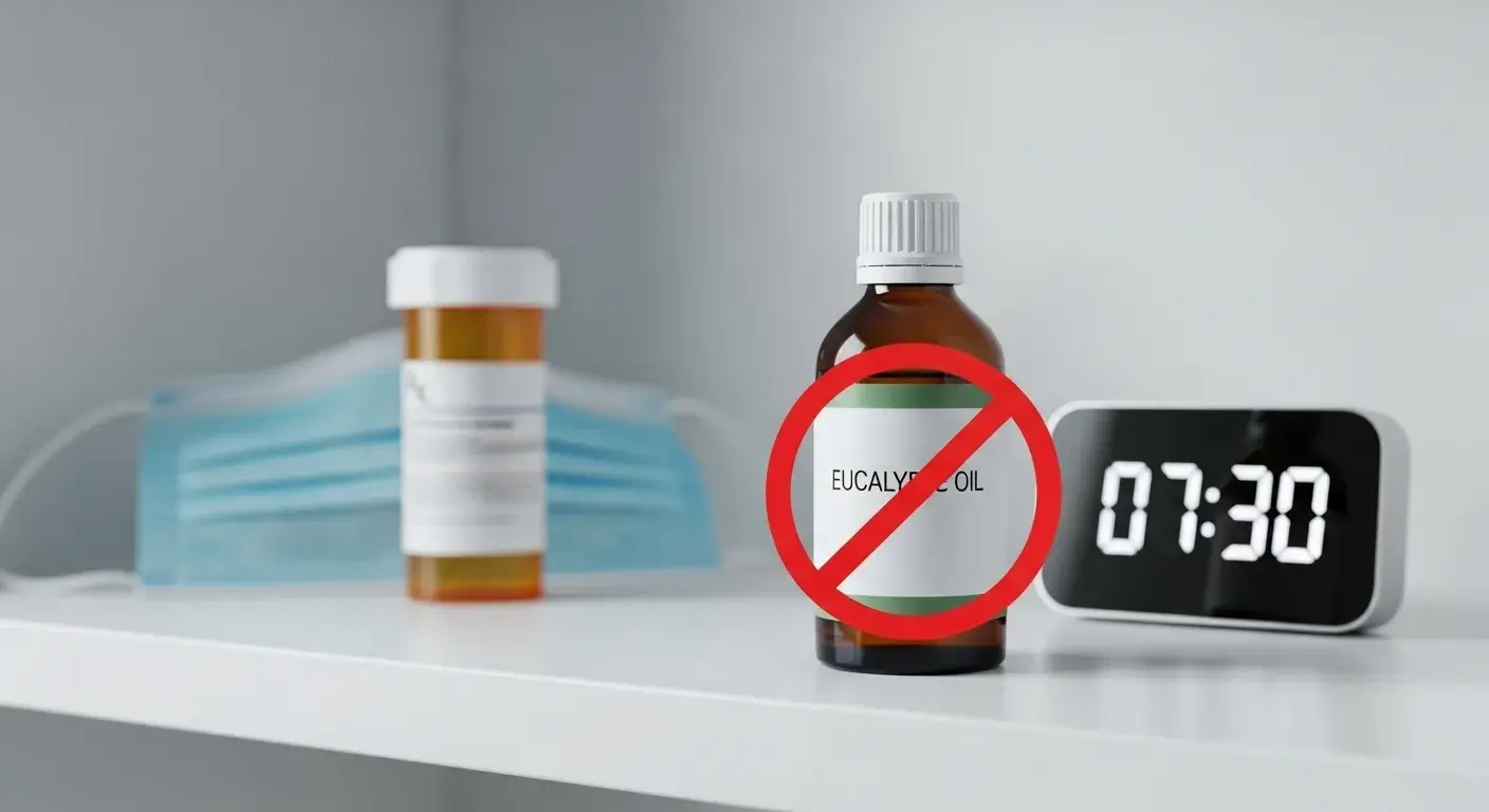 Eucalyptus oil bottle with red cross and clock