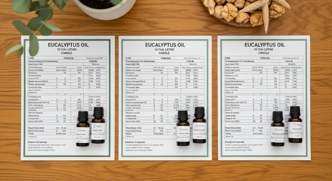 Batch report consistency Multiple eucalyptus oil batch reports compared side by side