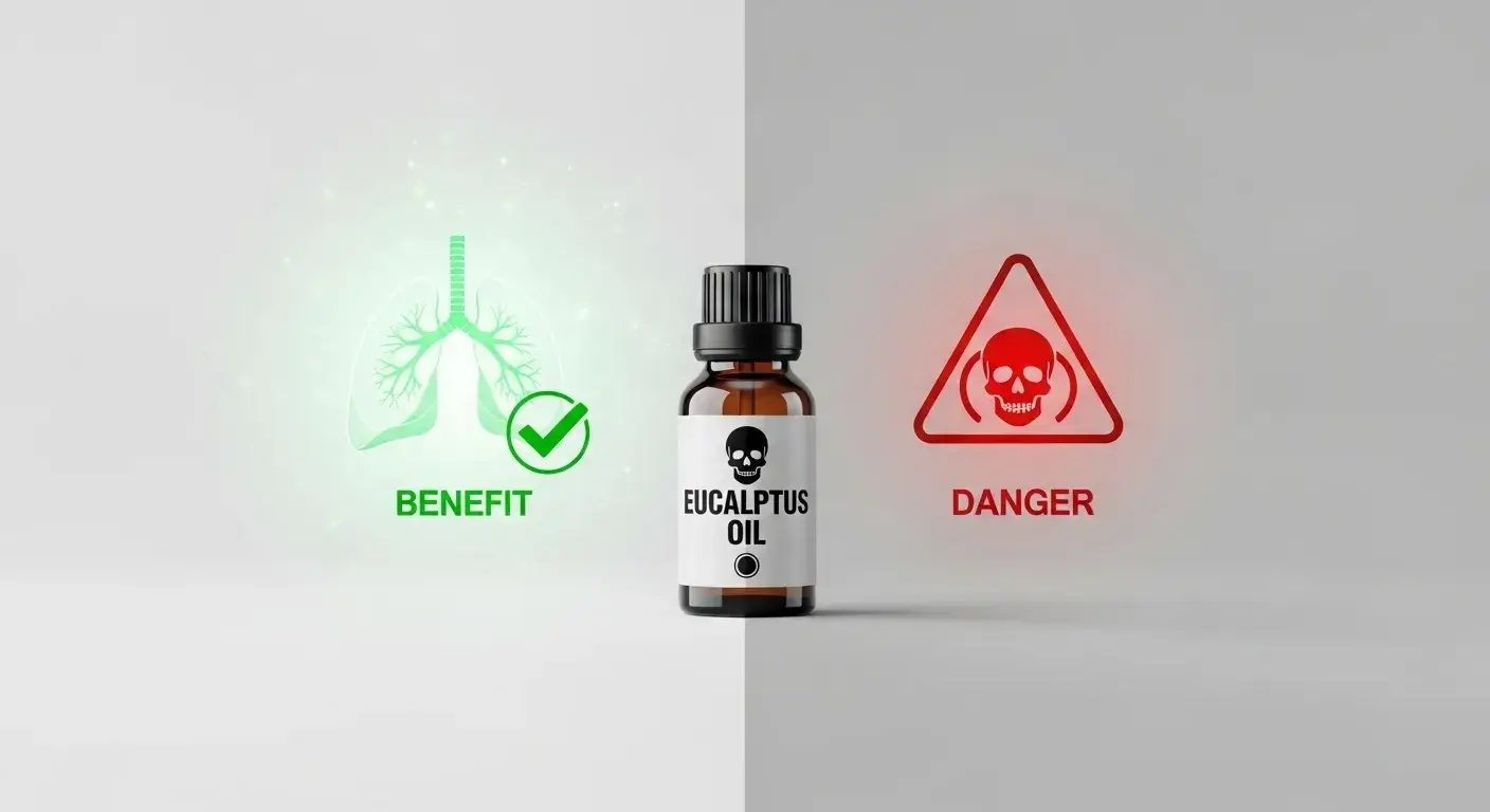 Eucalyptus oil bottle split between benefit and danger