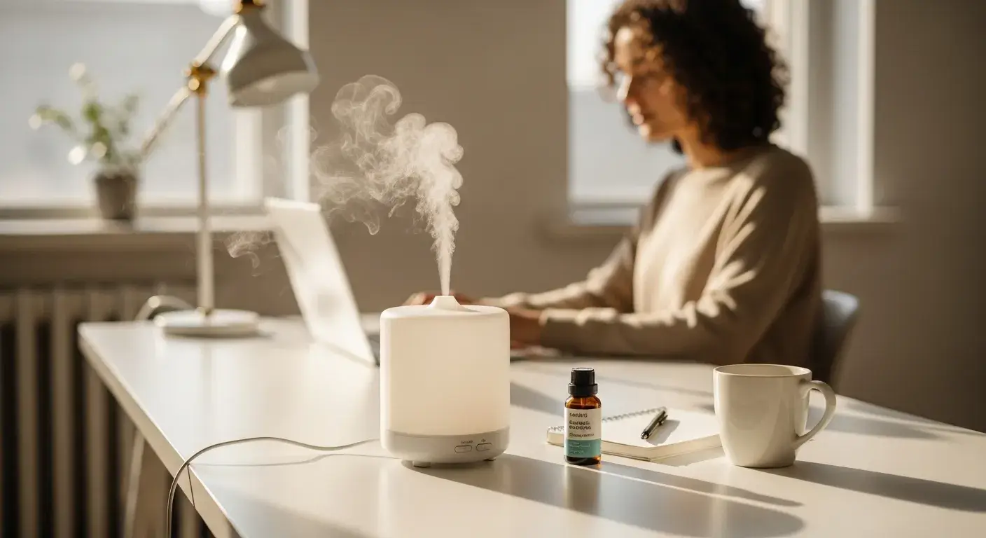 Focus with eucalyptus diffuser Desk with diffuser and eucalyptus oil bottle
