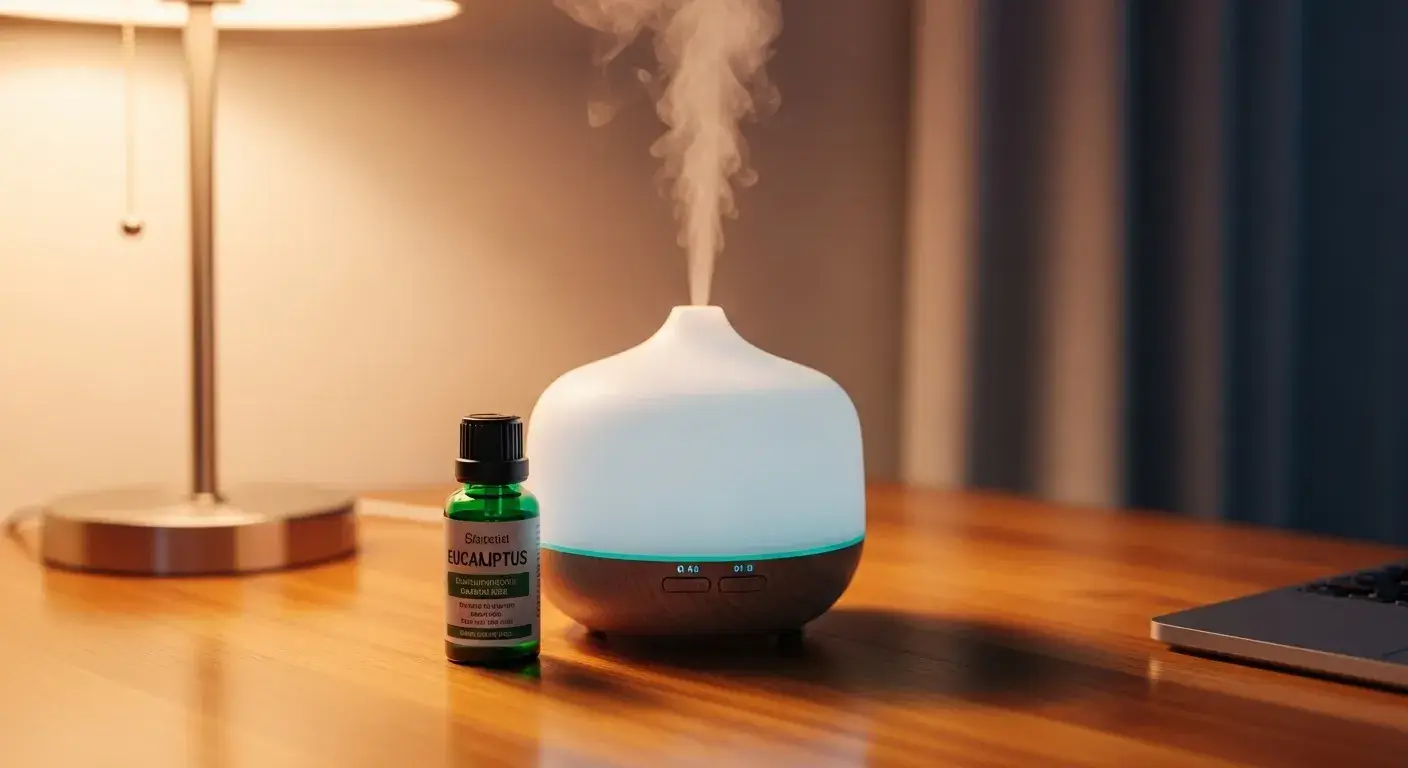 Eucalyptus aromatherapy Eucalyptus oil in diffuser on calm desk