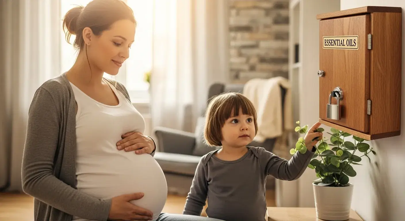 Child and pregnant woman near locked cabinet