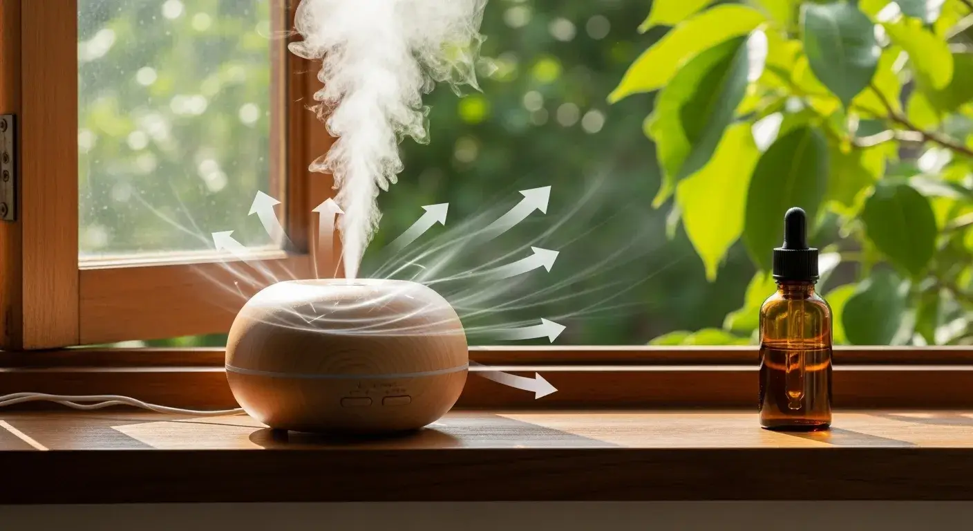 Diffuser emitting vapor near open window