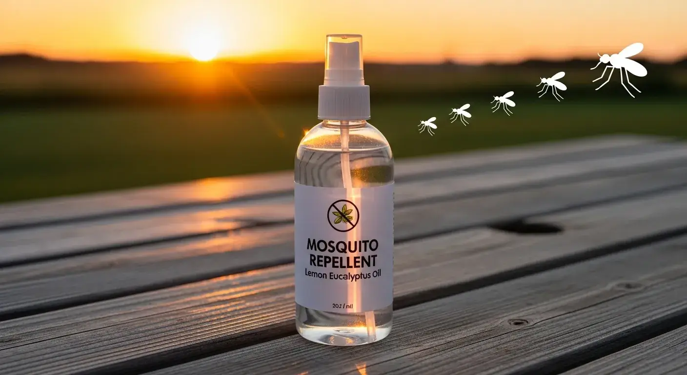 Eucalyptus bug spray Bug spray with eucalyptus oil and outdoor background