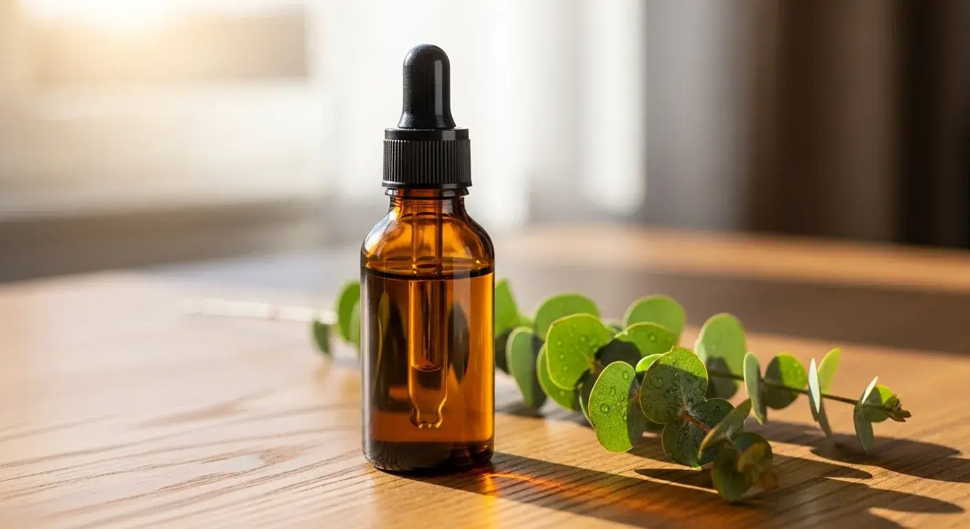 Eucalyptus oil origin Fresh eucalyptus leaves with essential oil bottle