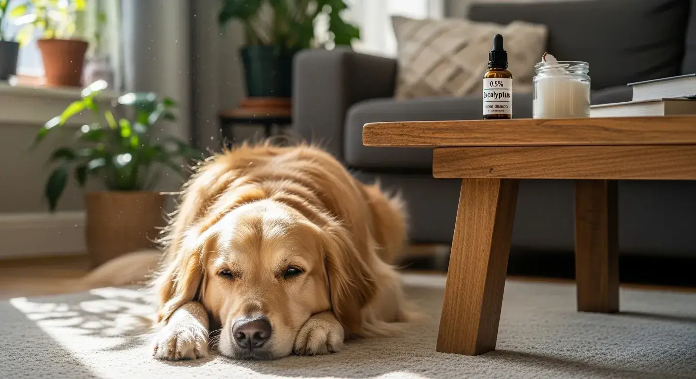 Dog with eucalyptus bottle and carrier oil