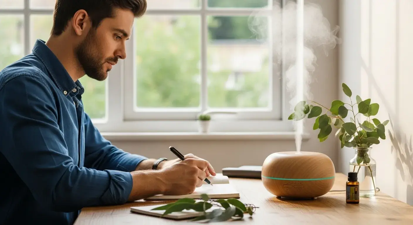 Man working at desk with eucalyptus diffuser