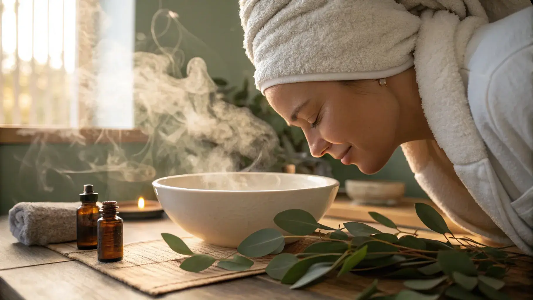Woman inhaling steam with eucalyptus oil