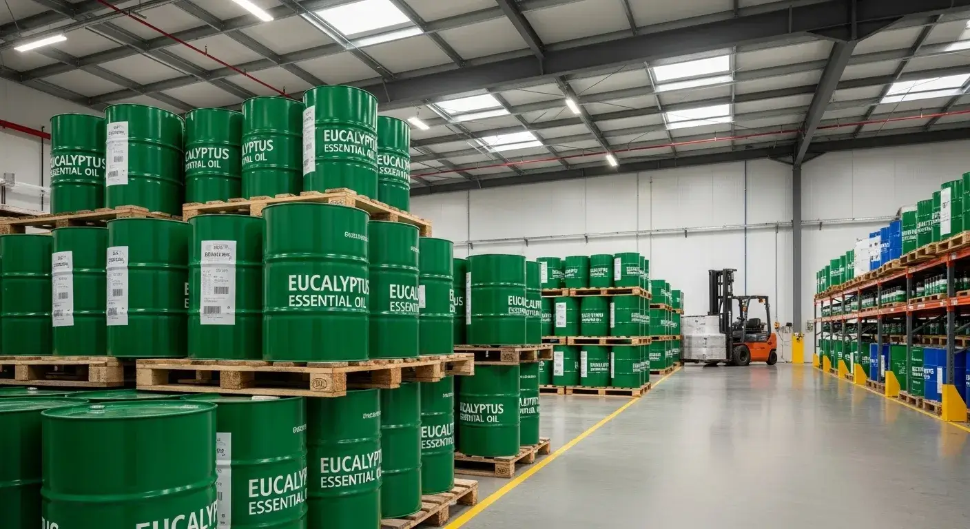 Warehouse with stacked eucalyptus oil drums