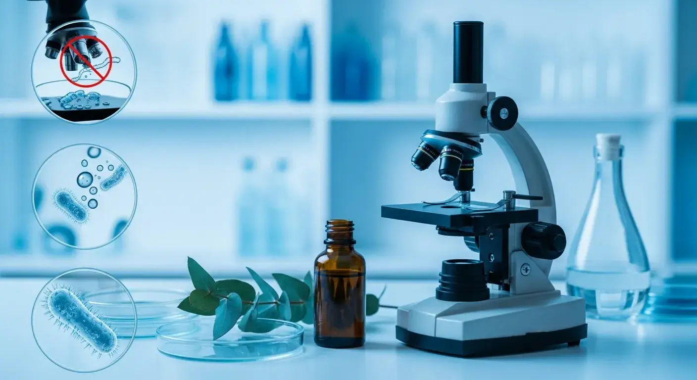 Eucalyptus oil next to microscope and bacteria symbols