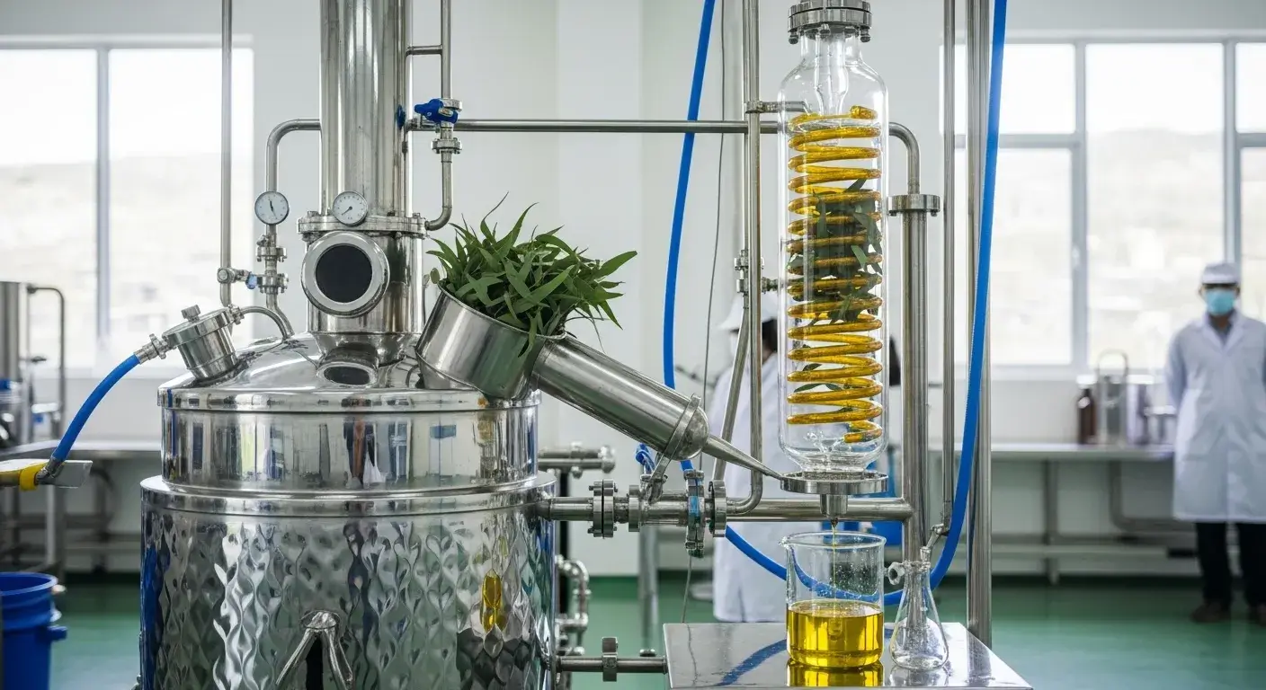 Industrial steam distillation Industrial eucalyptus distillation setup with collection vessel