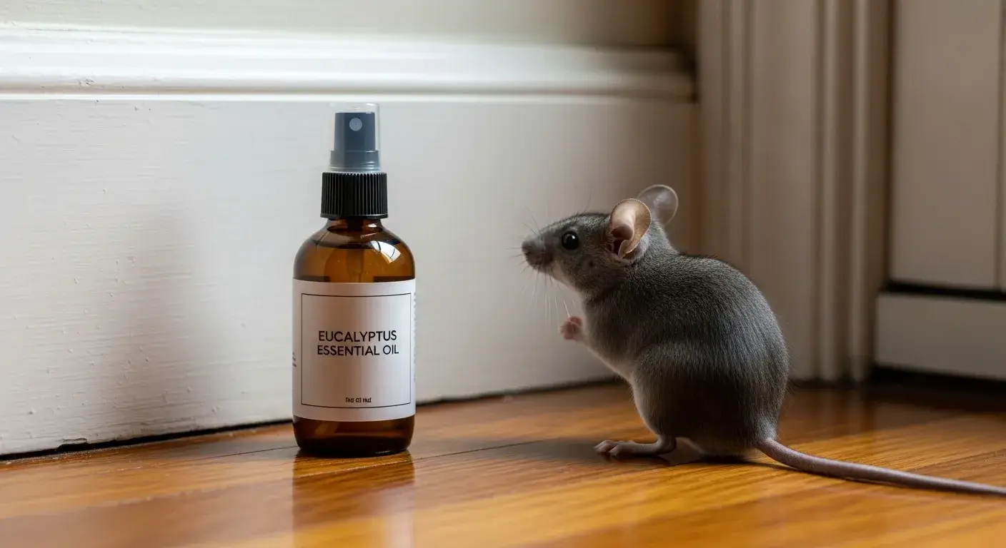 Eucalyptus spray bottle near baseboard with mouse nearby