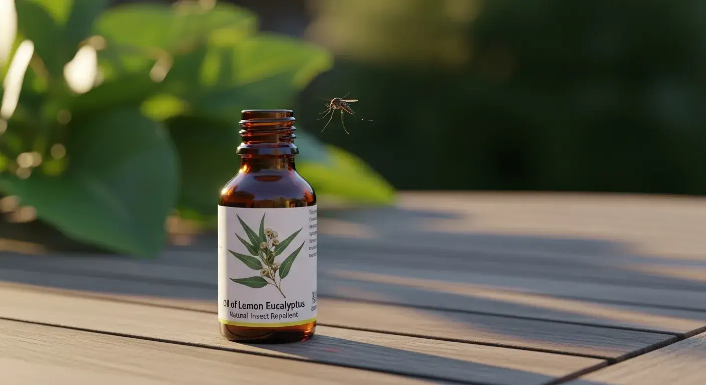 Mosquito flying near lemon eucalyptus oil bottle