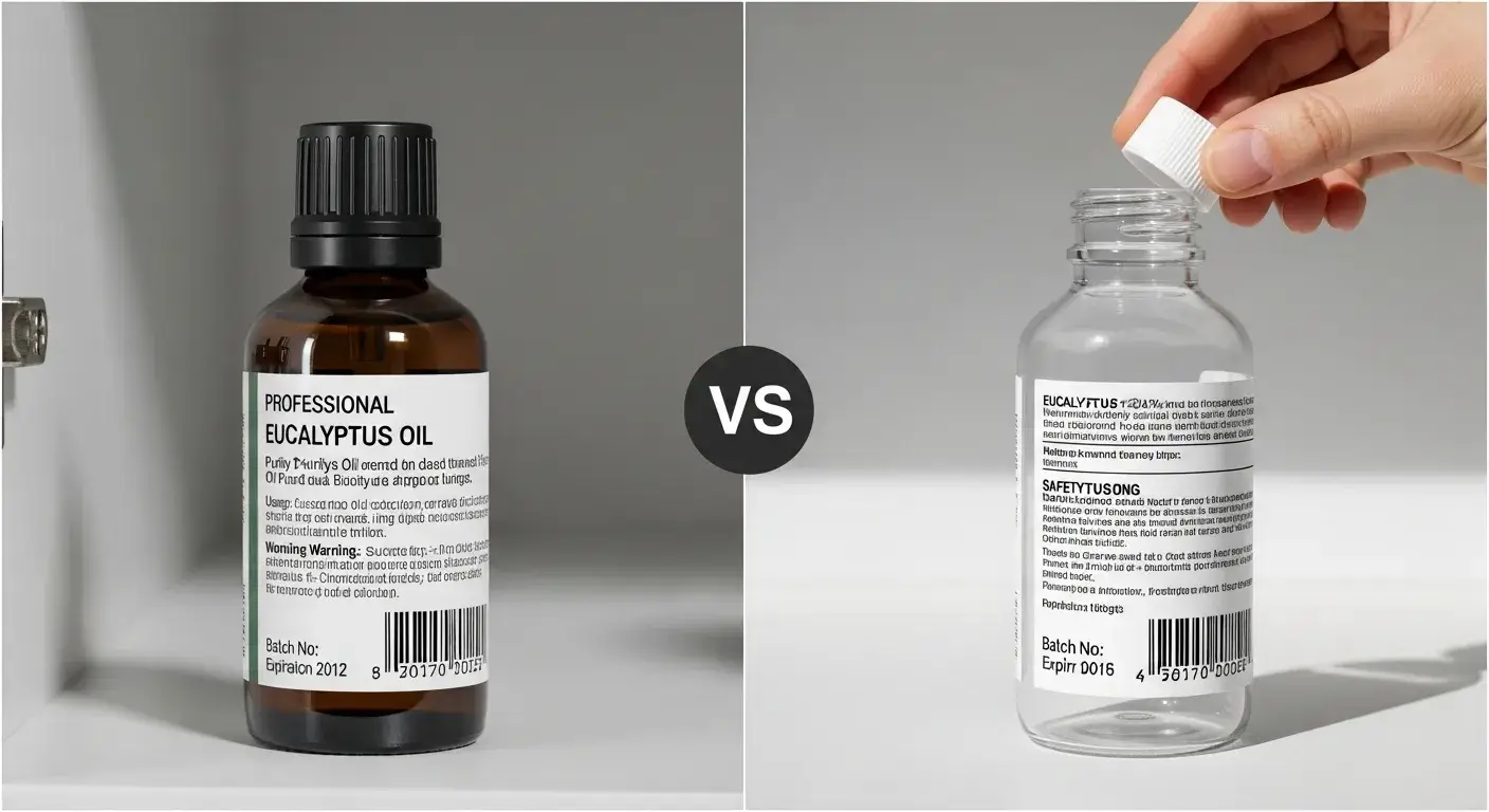 Side-by-side comparison of proper vs improper eucalyptus oil packaging