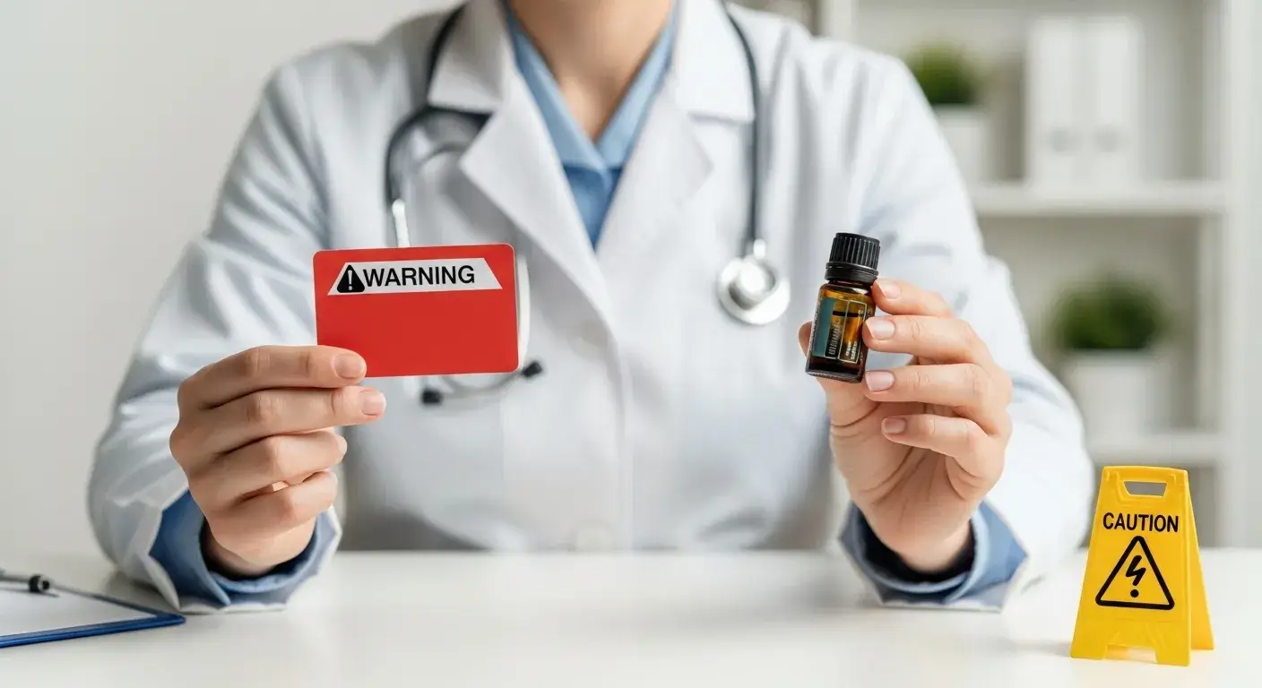Eucalyptus oil safety tips Doctor holding warning card and eucalyptus oil bottle
