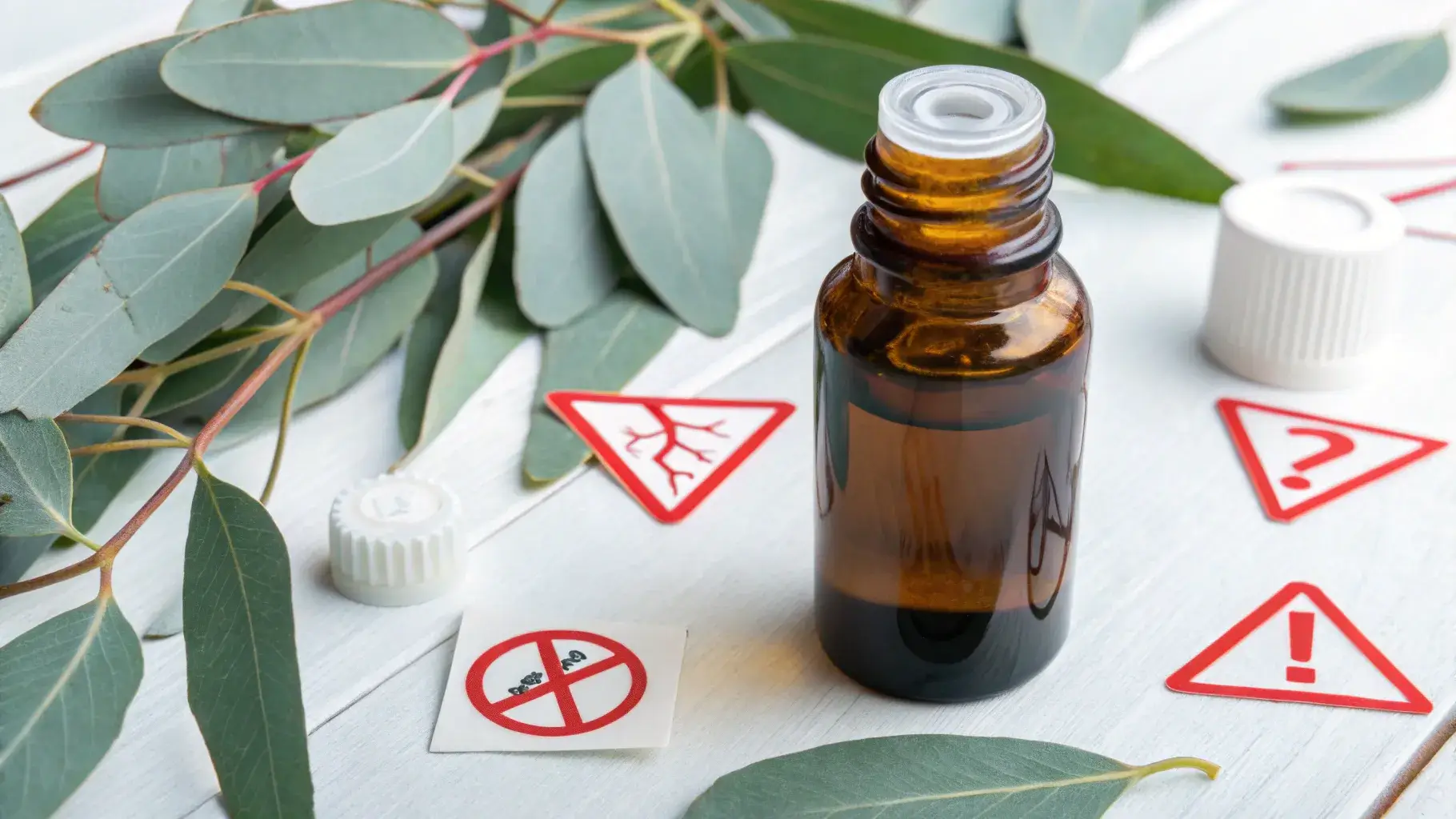 Warning symbols and eucalyptus oil on table