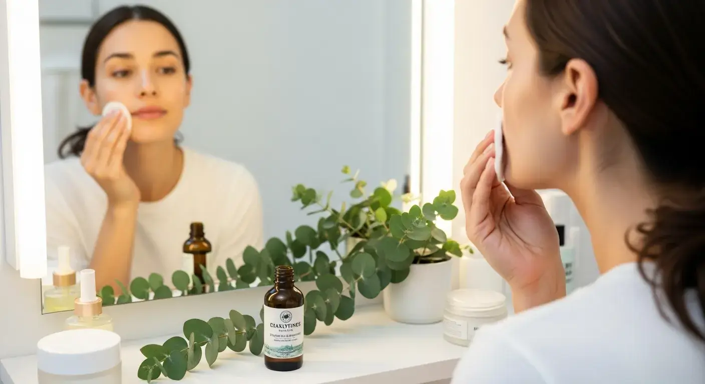 Skincare with eucalyptus oil Woman applying skincare oil in bathroom
